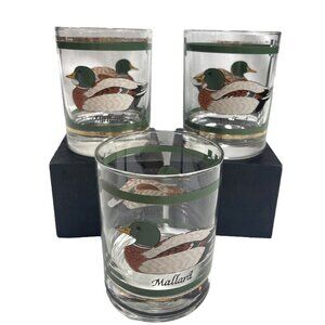 3 - Vintage Libbey Glass Mallard Duck Hunting Lodge Bar Whiskey Low Ball Glasses